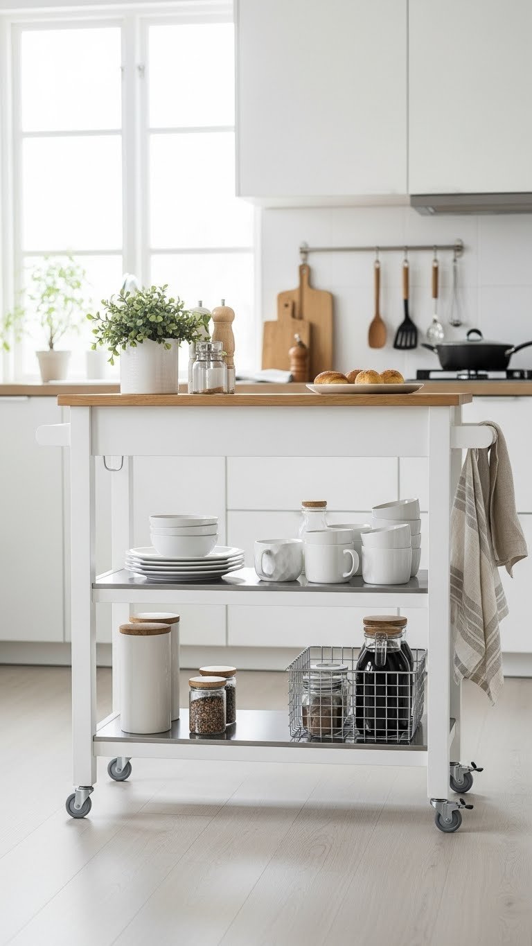Minimalist kitchen island on wheels with butcher block top and open shelving in bright apartment kitchen setting
