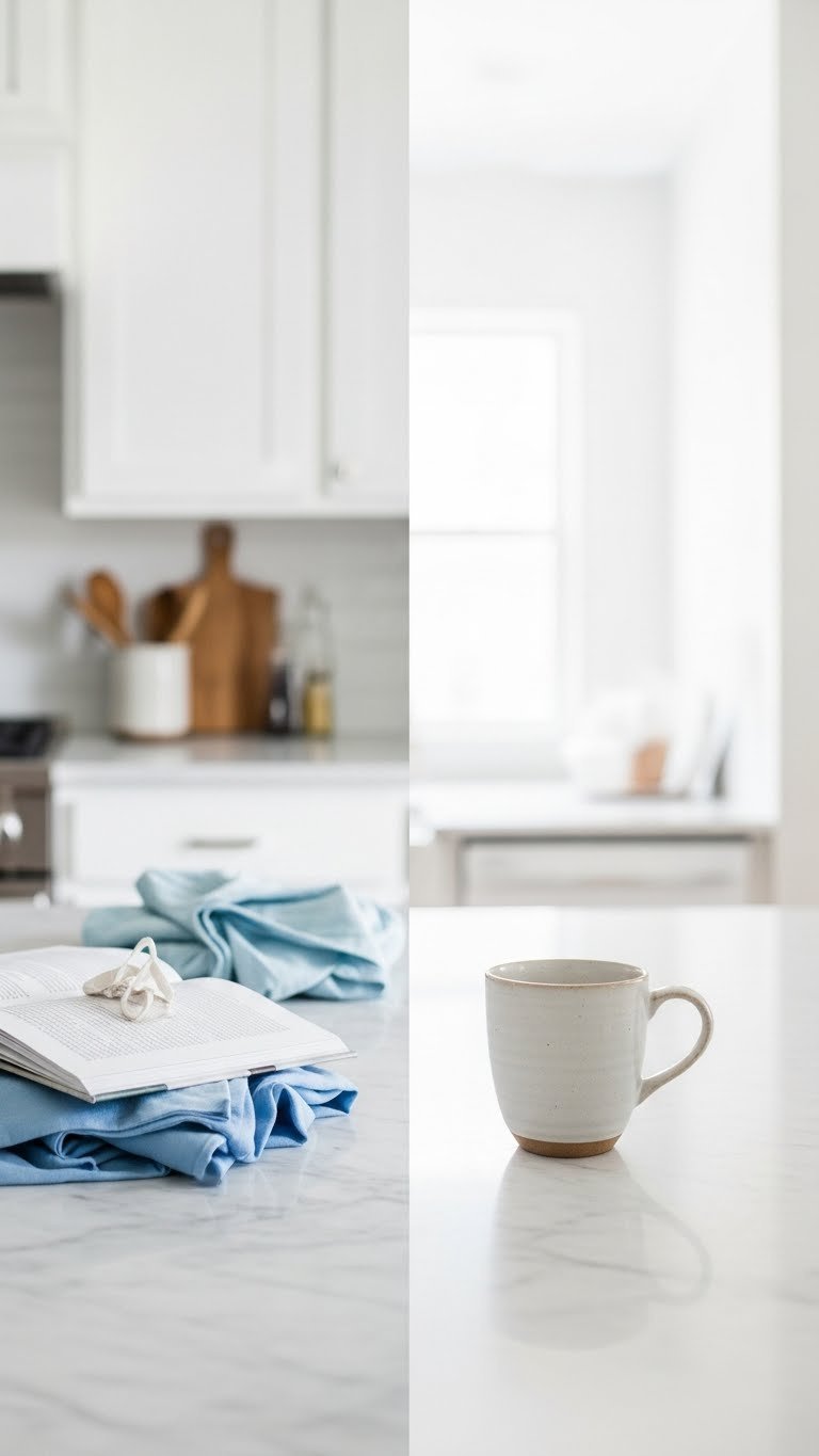 Minimalist kitchen marble counter transitioning from cluttered to pristine with soft blue tones and natural daylight illumination