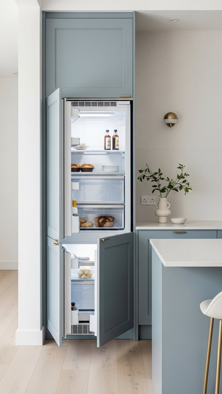 Minimalist kitchen with integrated appliances concealed behind custom cabinetry for uninterrupted floor plan design