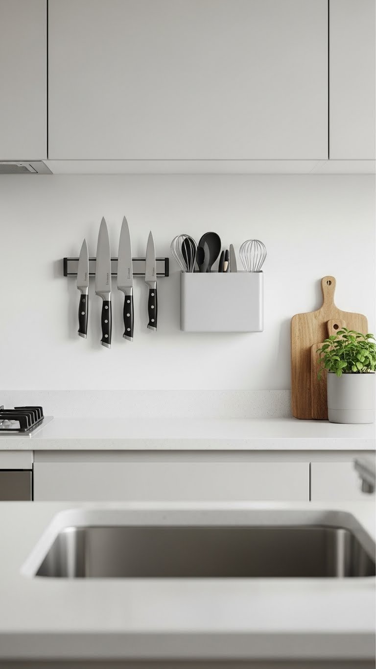 Minimalist magnetic knife strip holding shiny kitchen knives on a neutral-toned wall