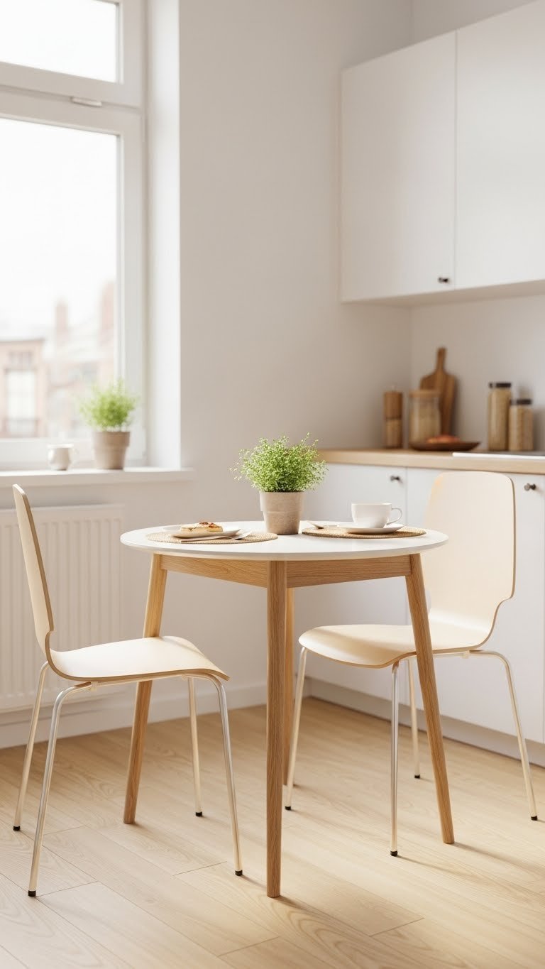 Minimalist round bistro table with two modern chairs and coffee cup in bright apartment kitchen corner with herb plant centerpiece