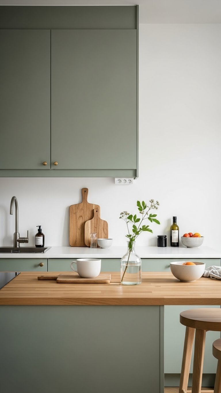 Minimalist sage green and light wood kitchen with Scandinavian style featuring butcher block countertops and white walls