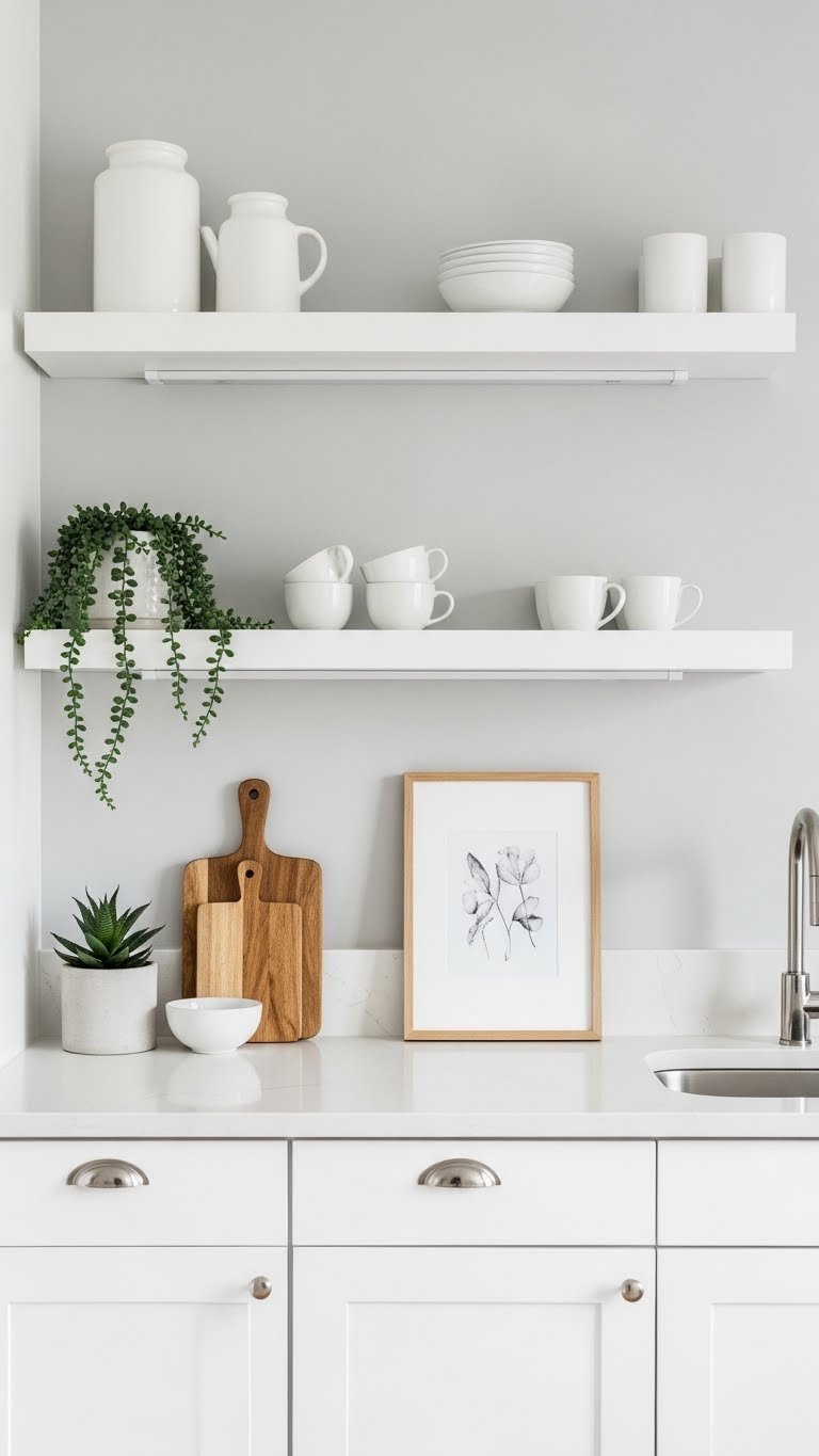 Minimalist white floating shelves with ceramic mugs and cutting board against light grey wall in small apartment kitchen
