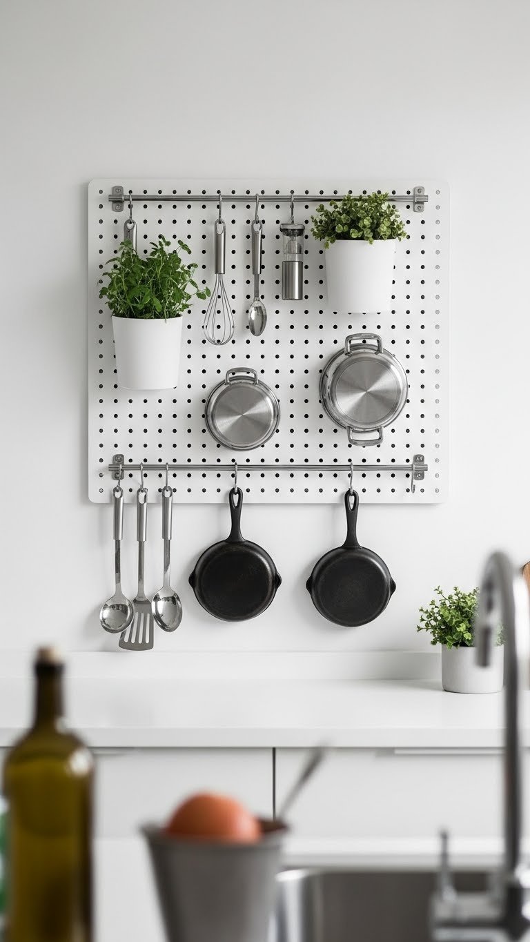 Minimalist white pegboard wall organization with hanging pots and utensils for efficient compact kitchen storage solution