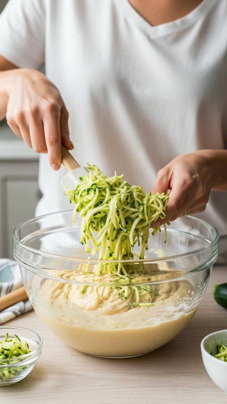 Mixing bowl with zucchini being folded into light batter using spatula for lemon zucchini bread