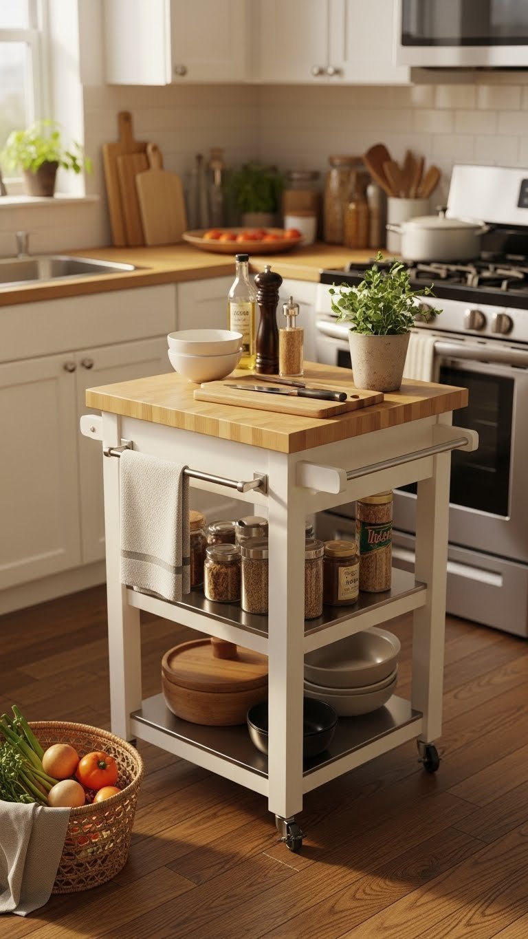 Mobile kitchen island with butcher block top and storage shelves in golden hour lighting with fresh produce