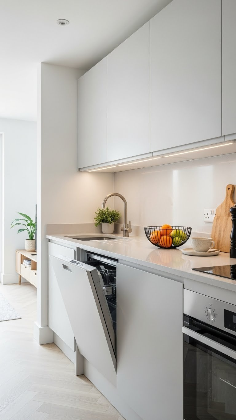 Modern UK apartment kitchen with sleek integrated appliances blending into handleless light cabinetry and minimalist quartz countertop