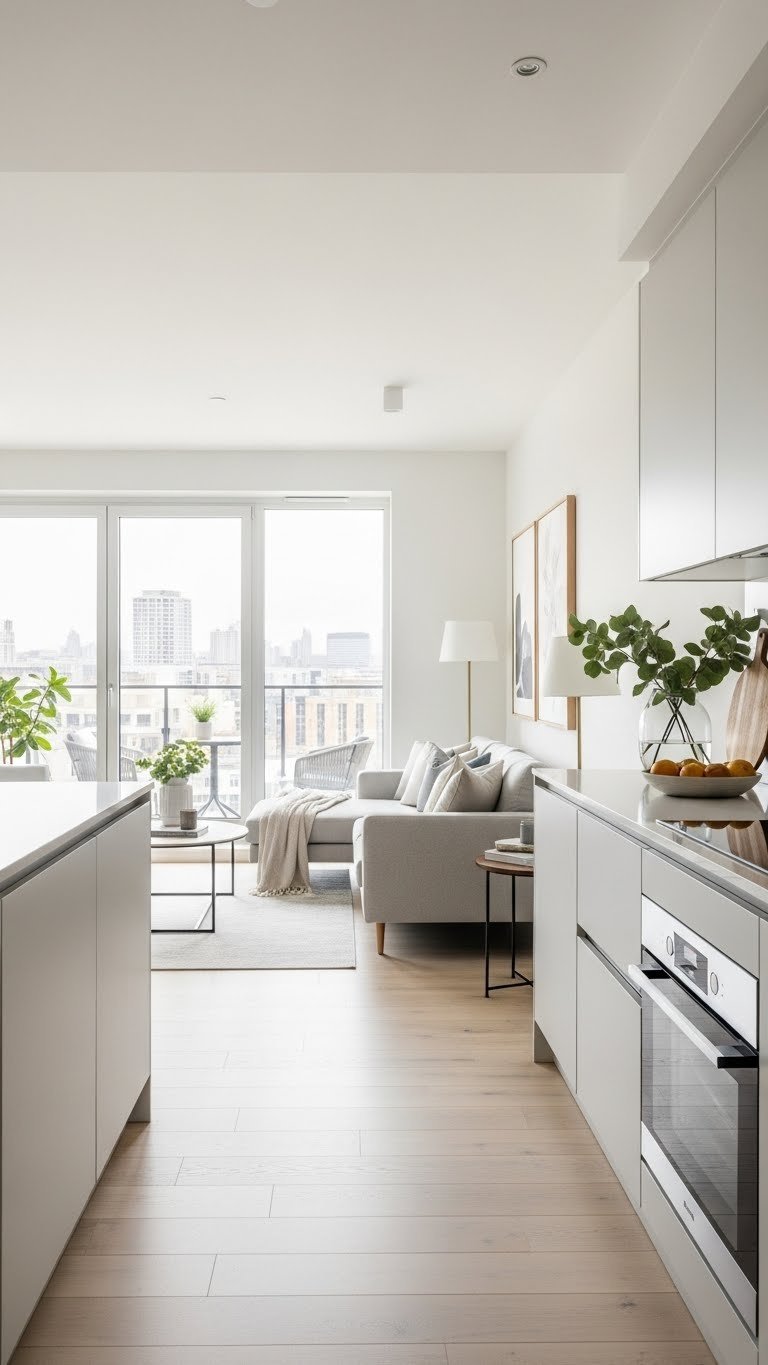 Modern apartment interior with warm whites, light grays, and soft blues creating cohesive open-concept design.