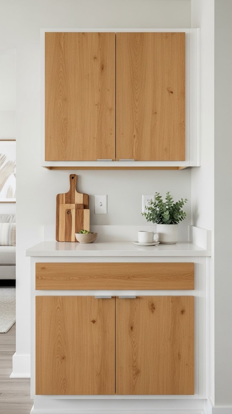 Modern apartment kitchen cabinets updated with wood-grain removable contact paper featuring warm cream and golden brown tones in bright daylight.