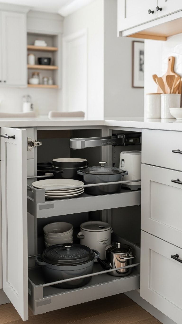 Modern apartment kitchen corner showcasing sleek L-shaped pull-out shelving system with organized cookware and appliances against soft bokeh background