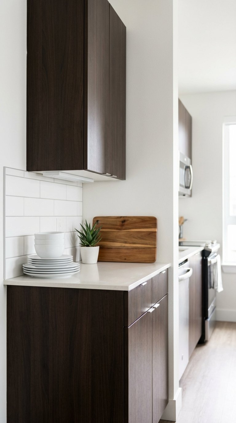 Modern apartment kitchen with dark brown cabinets contrasting white walls and subway tile backsplash creating bright minimalist space