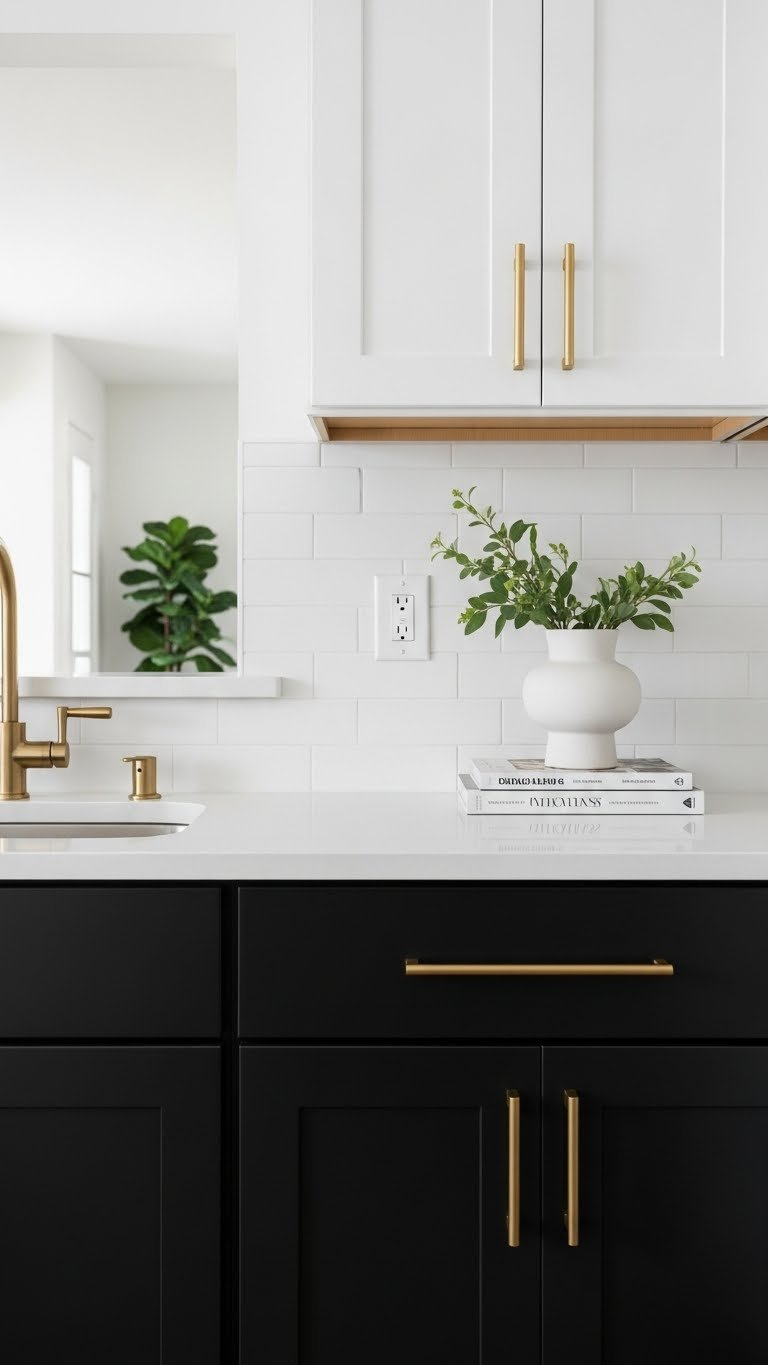 Modern apartment kitchen with matte black cabinets, brushed gold pulls, and white countertop featuring decorative vase and cookbooks