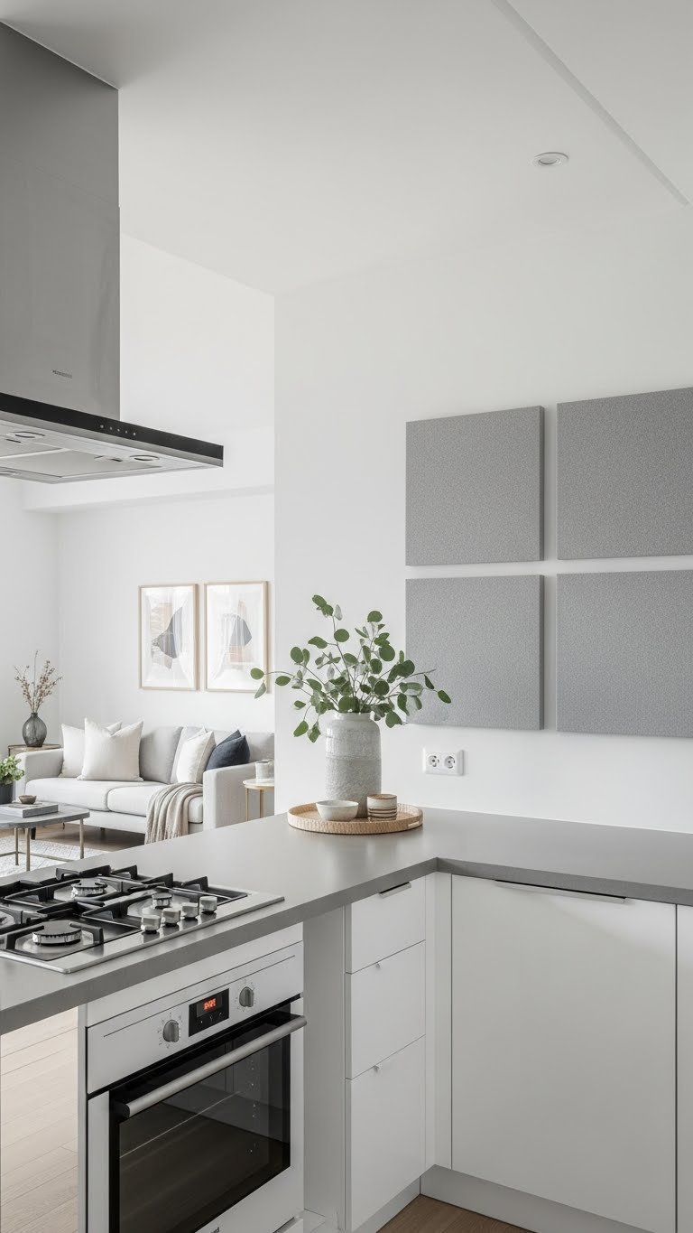 Modern apartment kitchen with sleek ventilation hood and acoustic panels addressing open-concept living challenges.