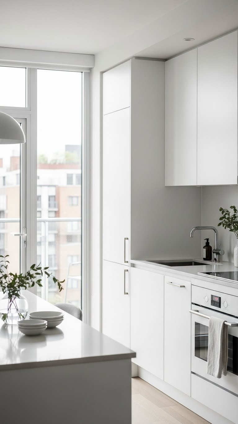 Modern apartment kitchen with sleek white appliances integrated into minimalist white cabinetry and light-toned countertops