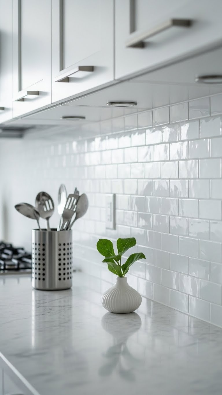 Modern apartment kitchen with stylish peel-and-stick backsplash, sleek utensil holder, and white ceramic vase on marble countertop