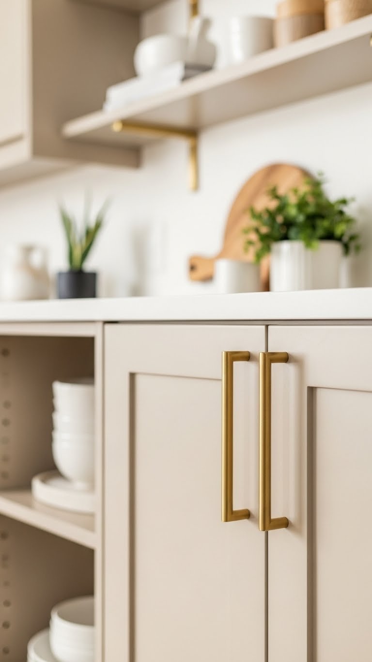 Modern beige kitchen cabinets with brass hardware against light countertop in minimalist apartment setting