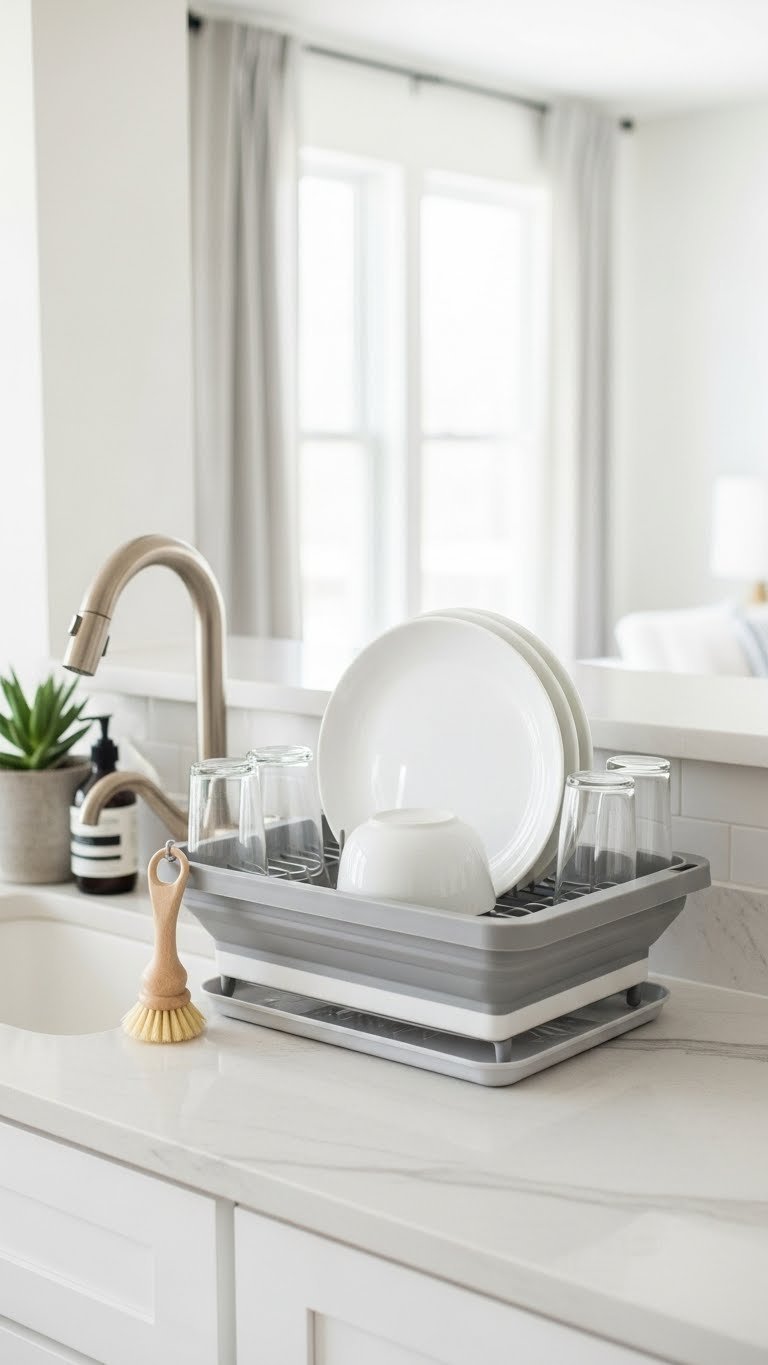 Modern collapsible dish drying rack holding white dishes on marble countertop in small kitchen