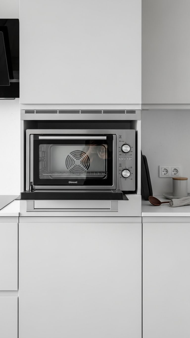 Modern compact oven microwave combo unit integrated into minimalist cabinetry in a small studio apartment kitchen