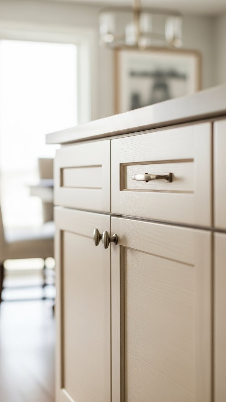 Modern kitchen cabinet door covered in removable contact paper with elegant handle and soft bokeh background in warm cream tones.