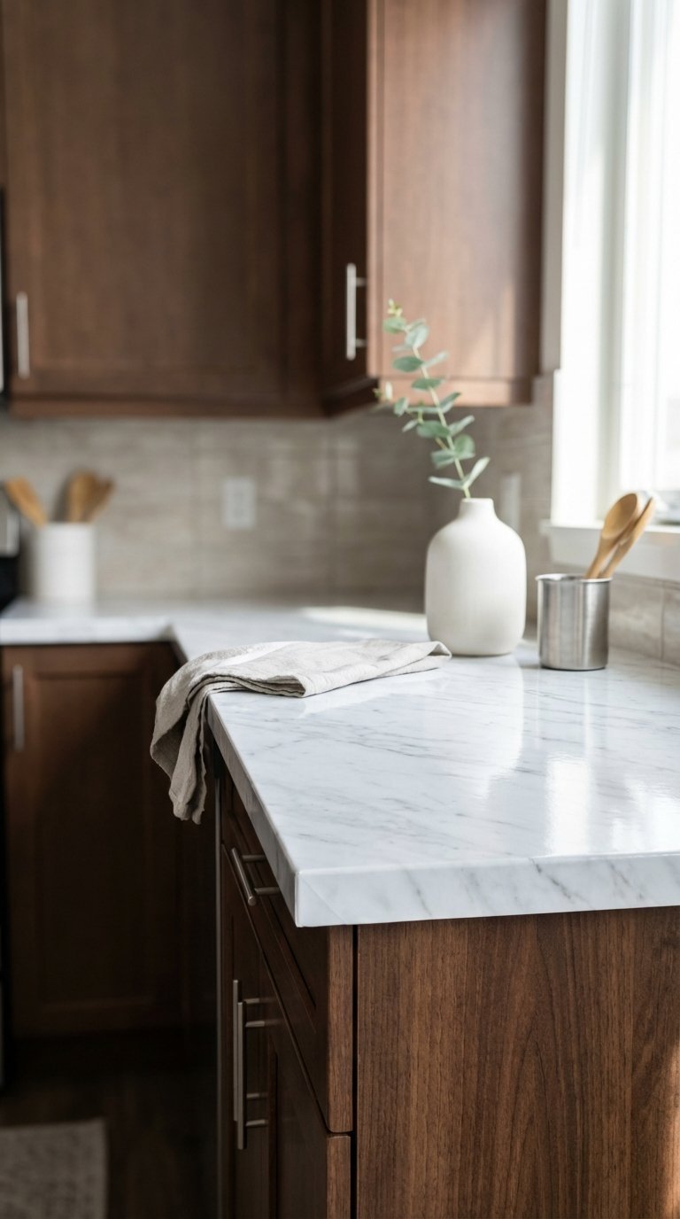 Modern kitchen counter with white marble peel-and-stick surface contrasting against rich dark brown cabinets