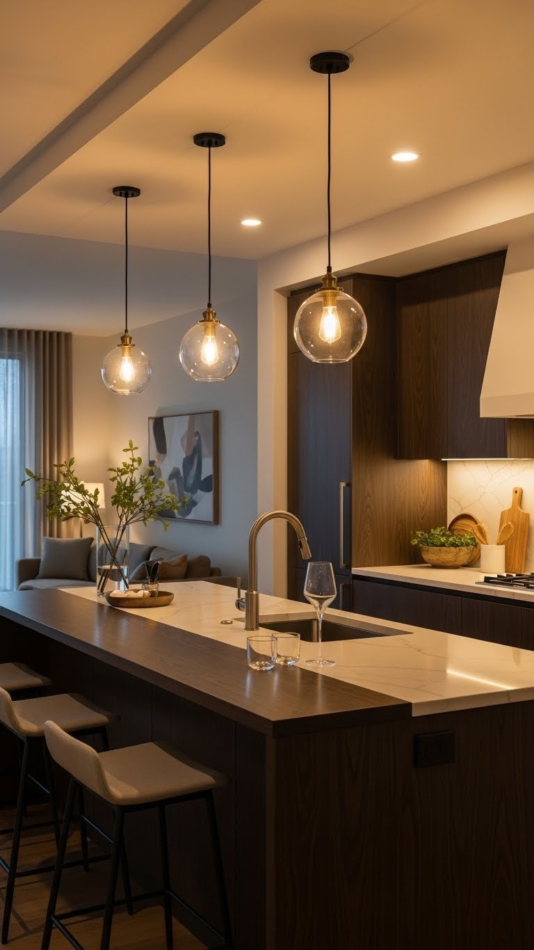 Modern luxury apartment kitchen with layered lighting including under-cabinet, recessed ceiling, and pendant fixtures.