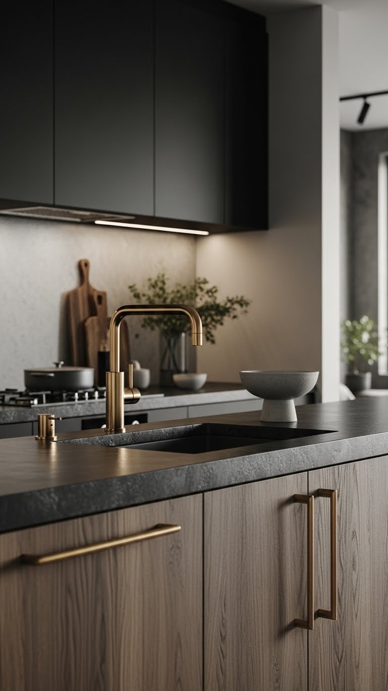 Modern luxury kitchen with matte black finishes contrasting textured wood elements and stone accent backsplash.