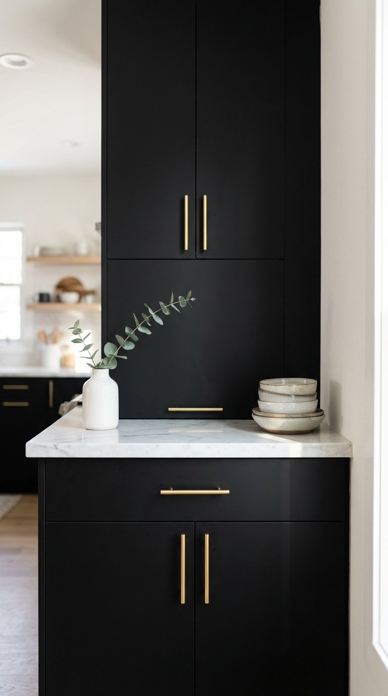 Modern matte black peel-and-stick vinyl wrapped kitchen cabinets with gold hardware against white marble countertop