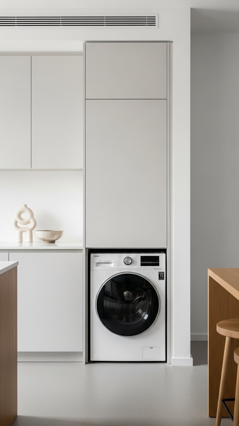 Modern minimalist kitchen with laundry appliances hidden behind sleek sliding doors for space-saving