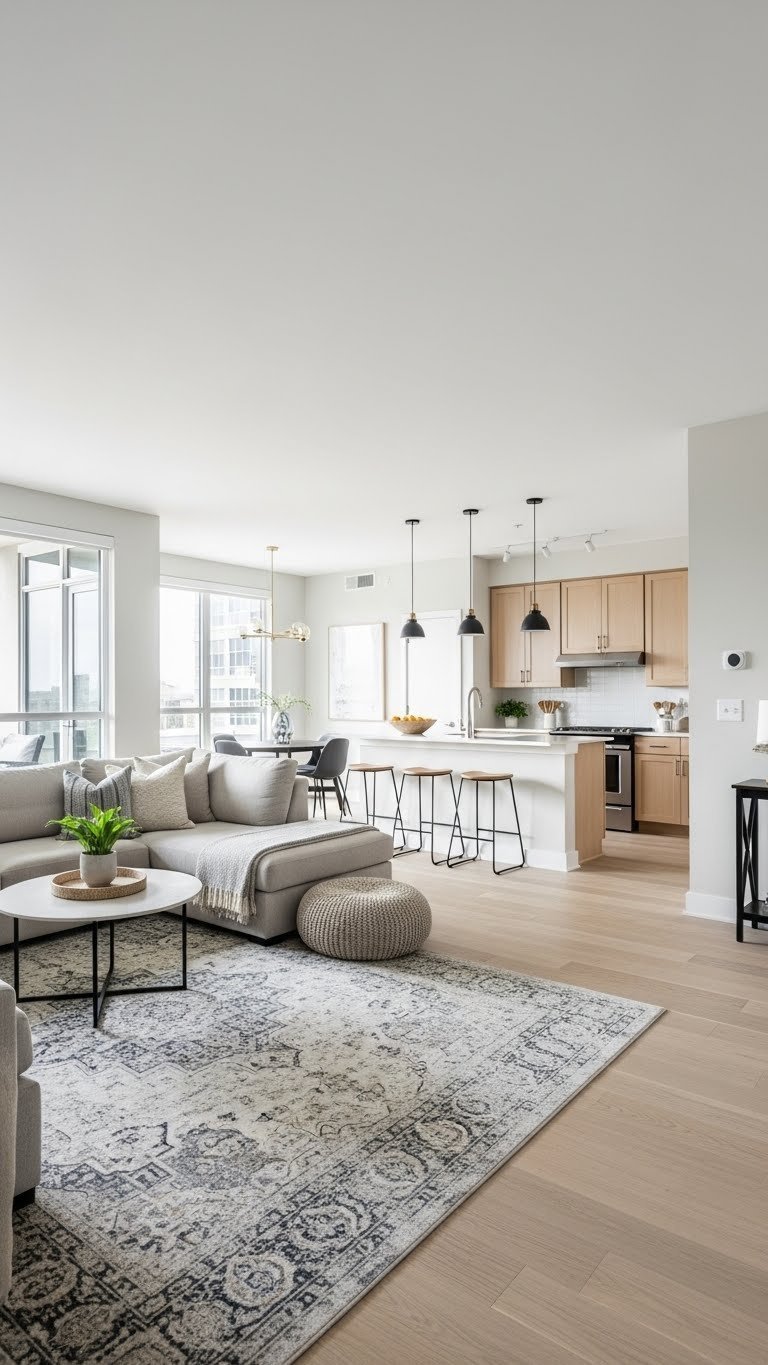 Modern open-concept apartment living room with sectional sofa and kitchen defined by breakfast bar on light hardwood floors.