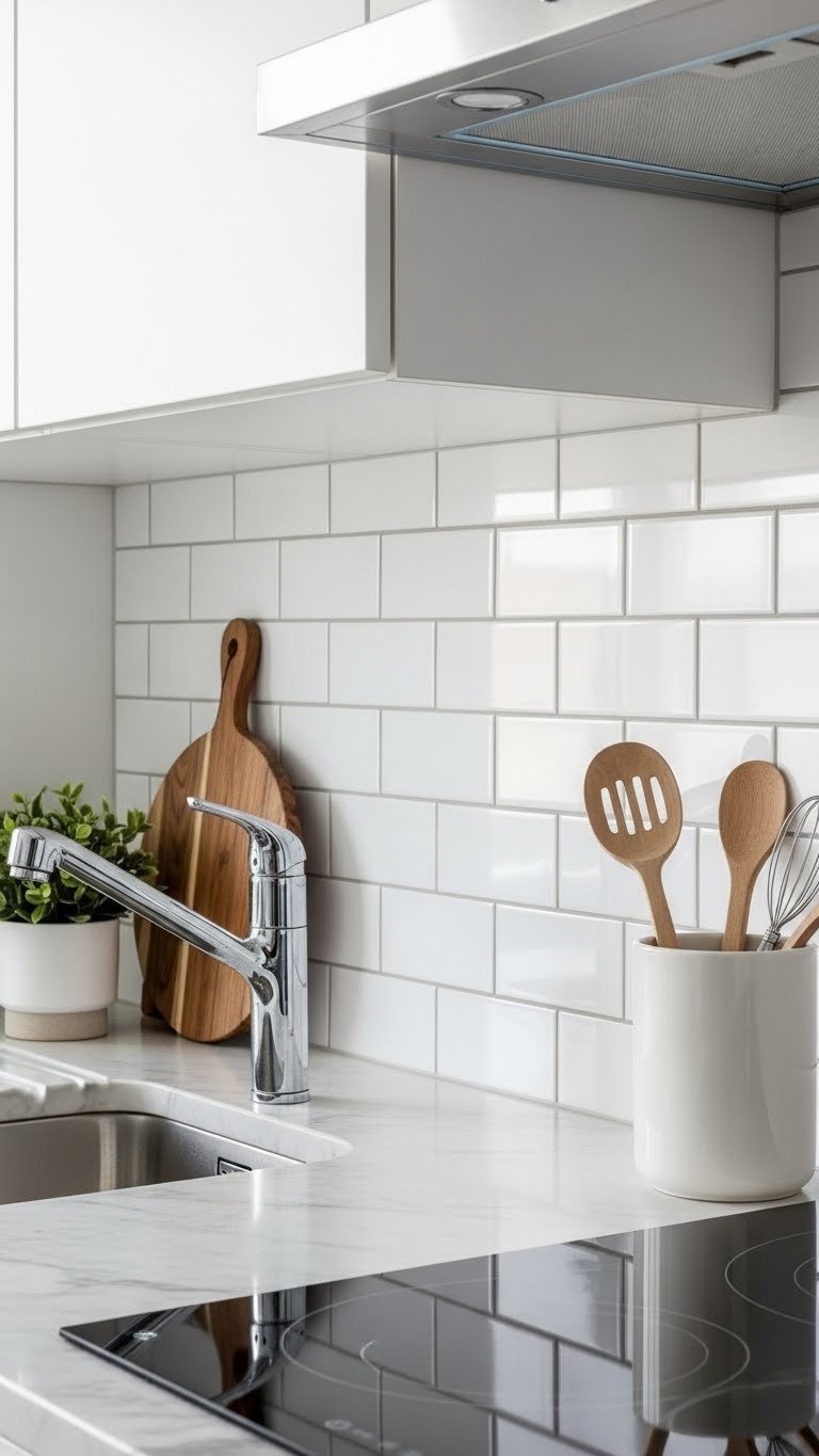 Modern peel and stick backsplash with subway tile pattern above stainless steel countertop in bright kitchen