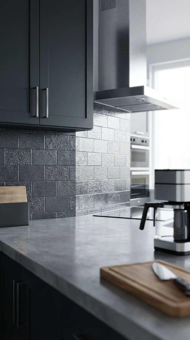Modern peel and stick subway tile backsplash installed in masculine kitchen with stainless steel appliances.