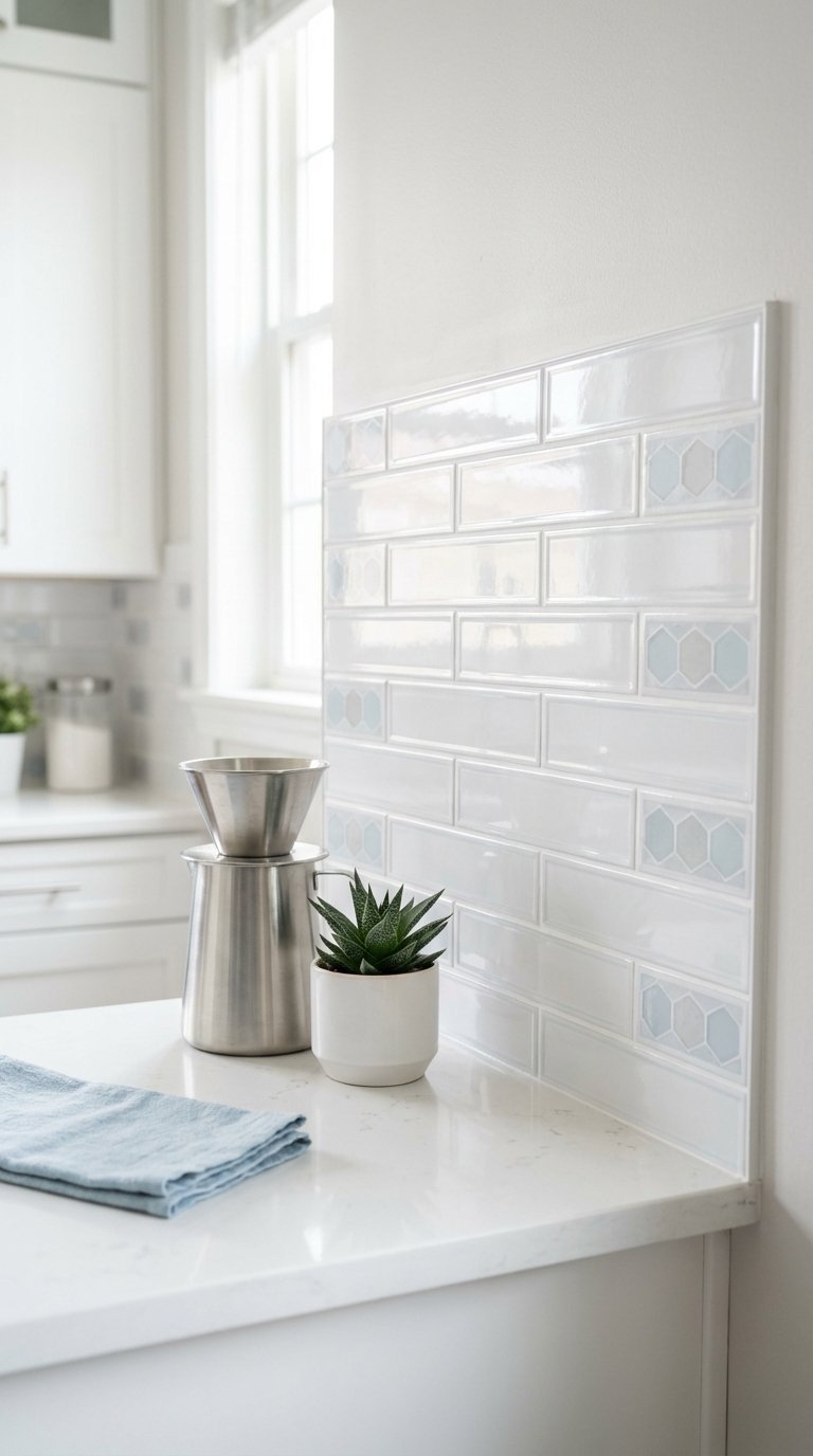 Modern peel and stick tile backsplash installation on white quartz countertop in small apartment kitchen