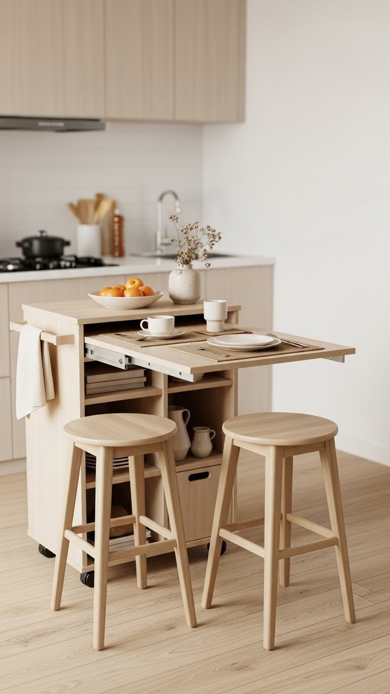 Modern rolling kitchen cart extended as dining surface with bar stools and place settings