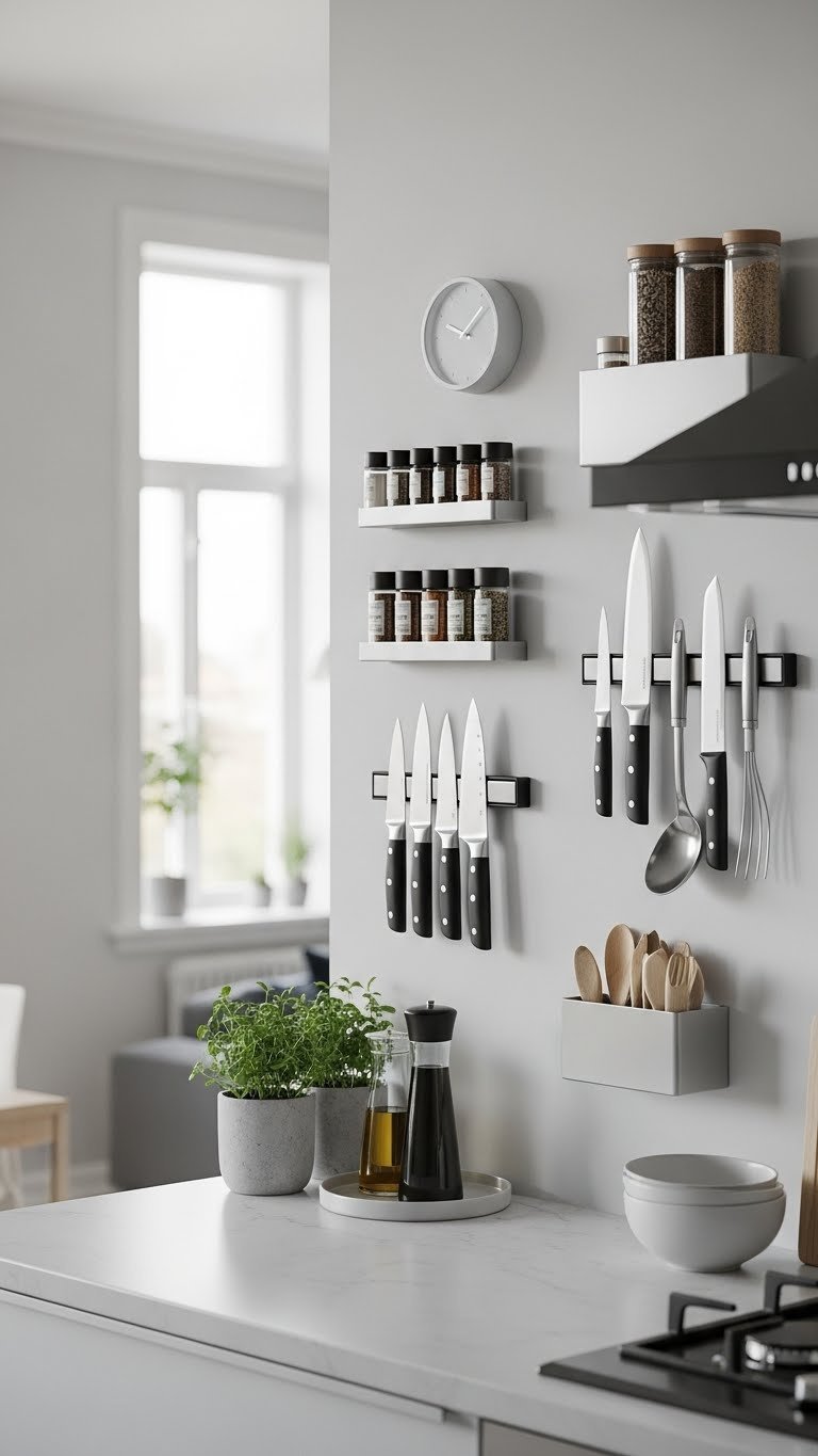 Modern small apartment kitchen wall with magnetic organizers displaying colorful spices and kitchen tools in clean symmetrical arrangement