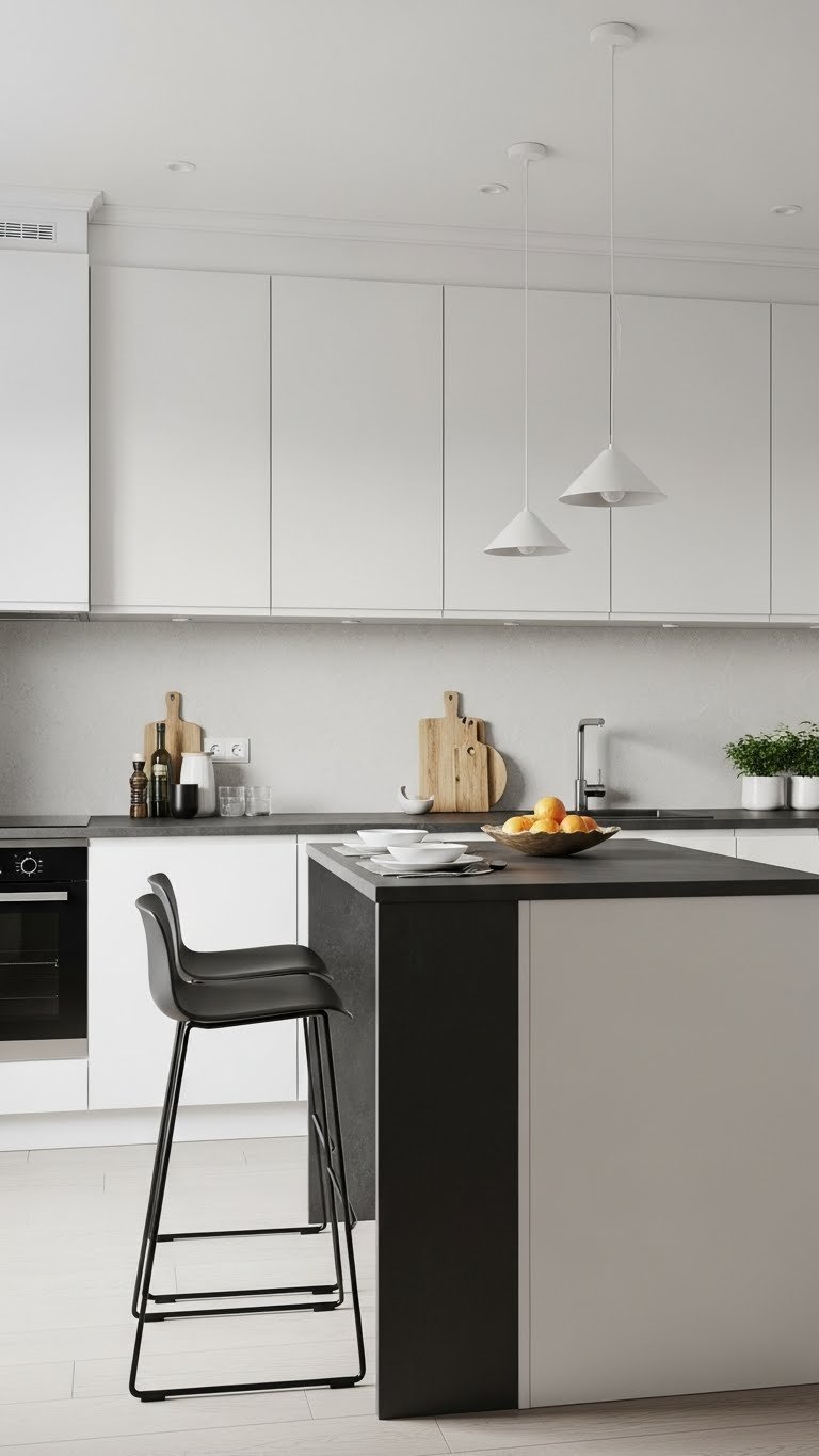 Modern urban compact kitchen with white glossy cabinets, dark counter breakfast bar, and integrated seating functionality.
