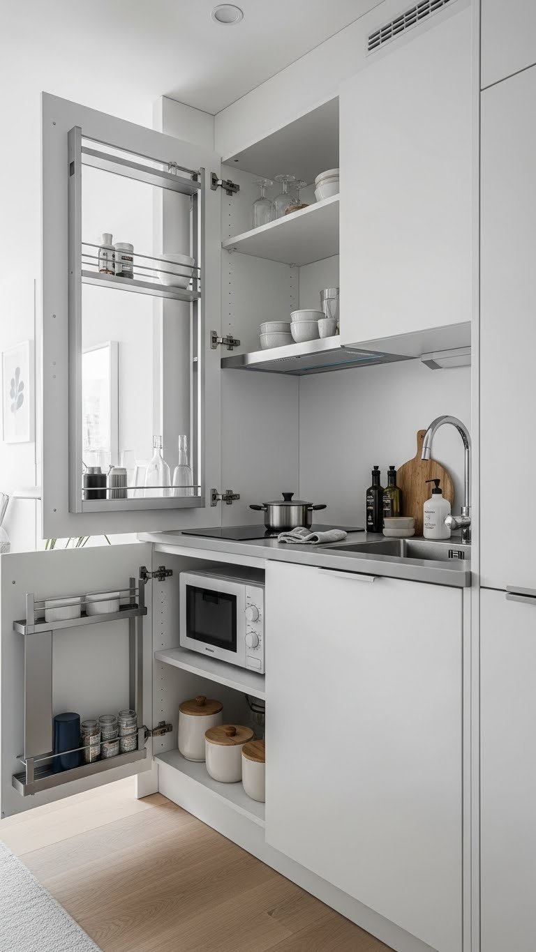 Modular kitchen units with reconfigurable modules and pull-out storage in a modern apartment interior.