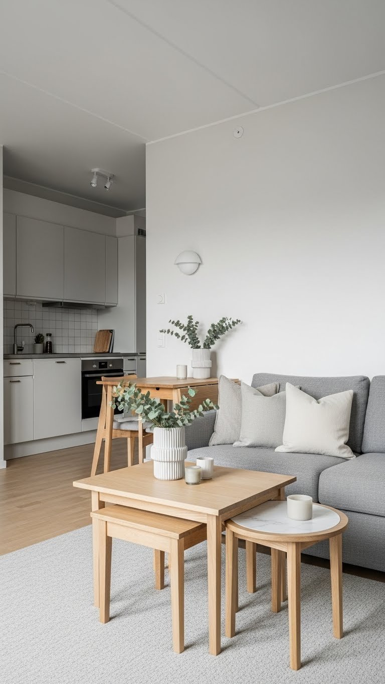 Modular sofa and nesting coffee table in cleverly furnished open-concept apartment with space-saving solutions.