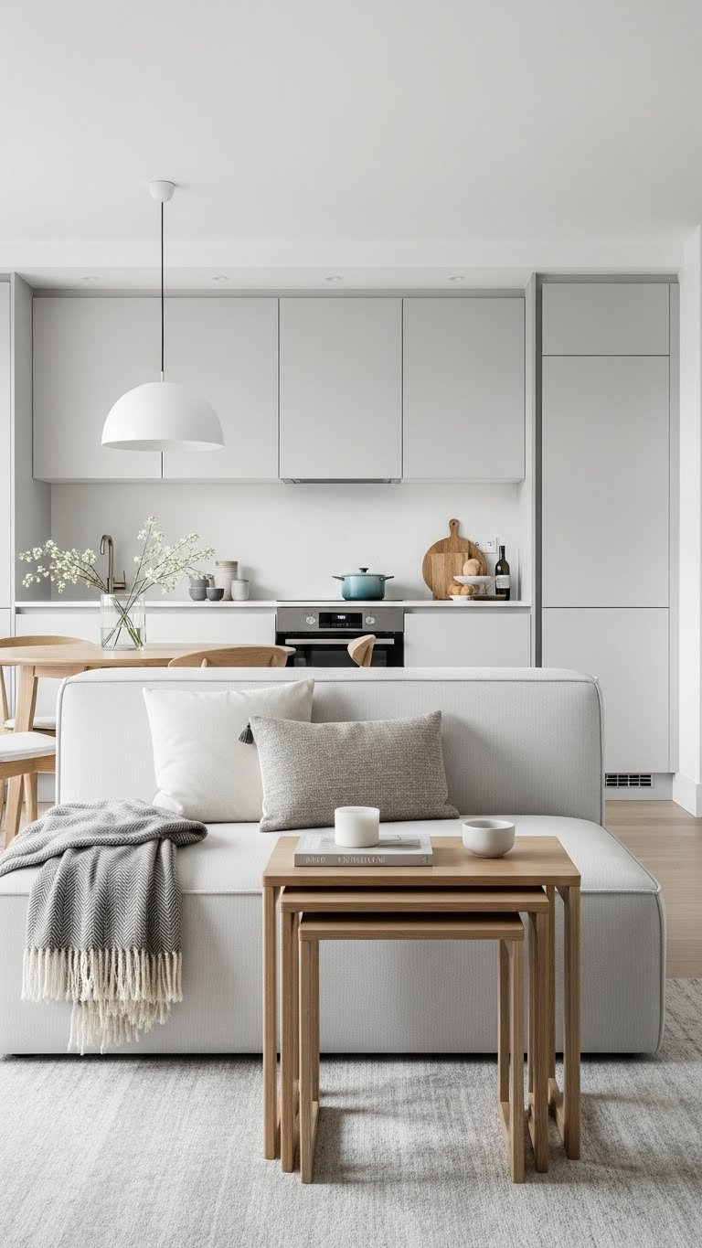 Modular sofa with nesting tables in light gray tones for versatile small apartment living room furniture arrangement