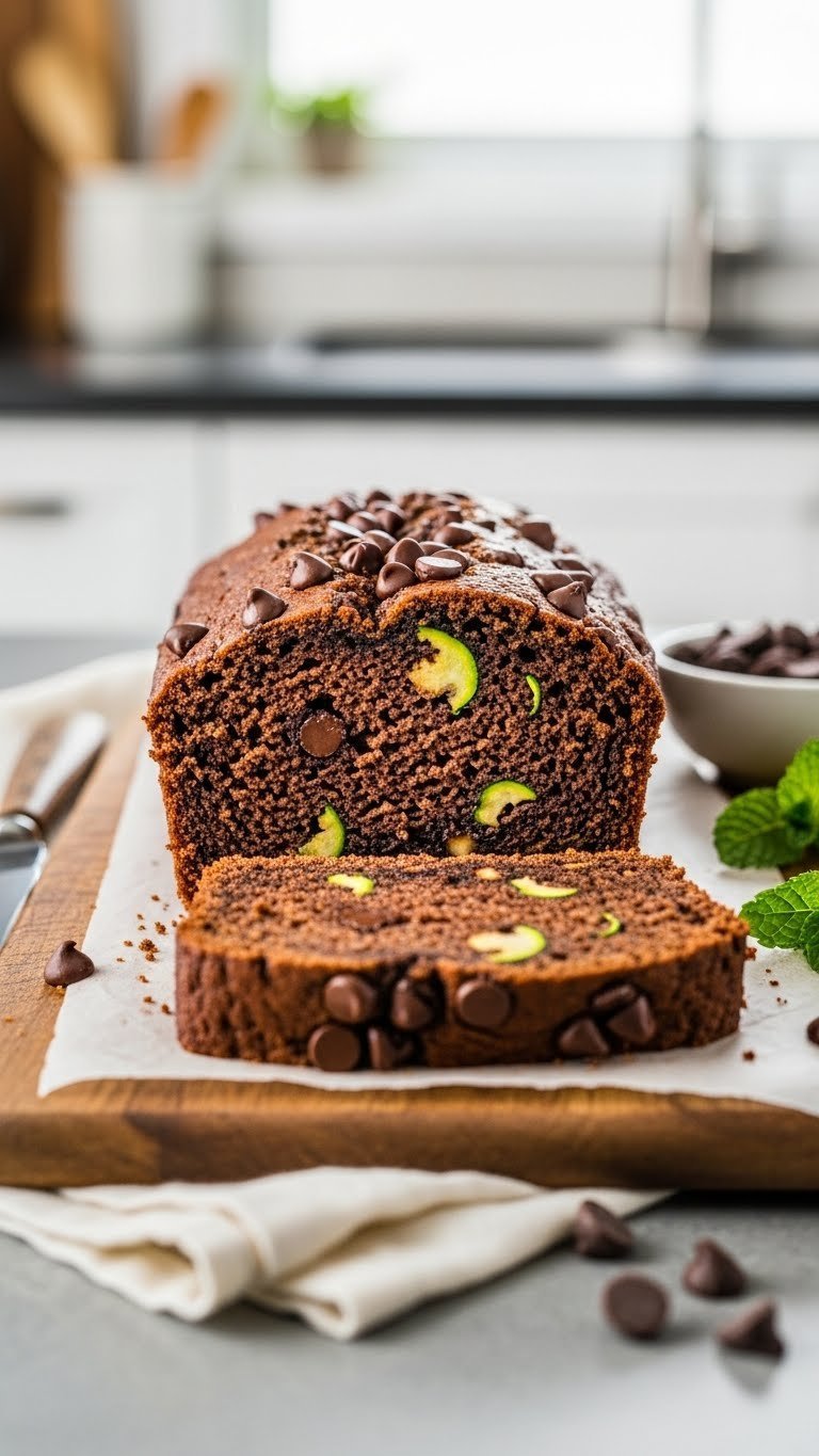 Moist keto chocolate zucchini bread slice with visible green zucchini flecks and sugar-free chocolate chips on rustic wooden cutting board