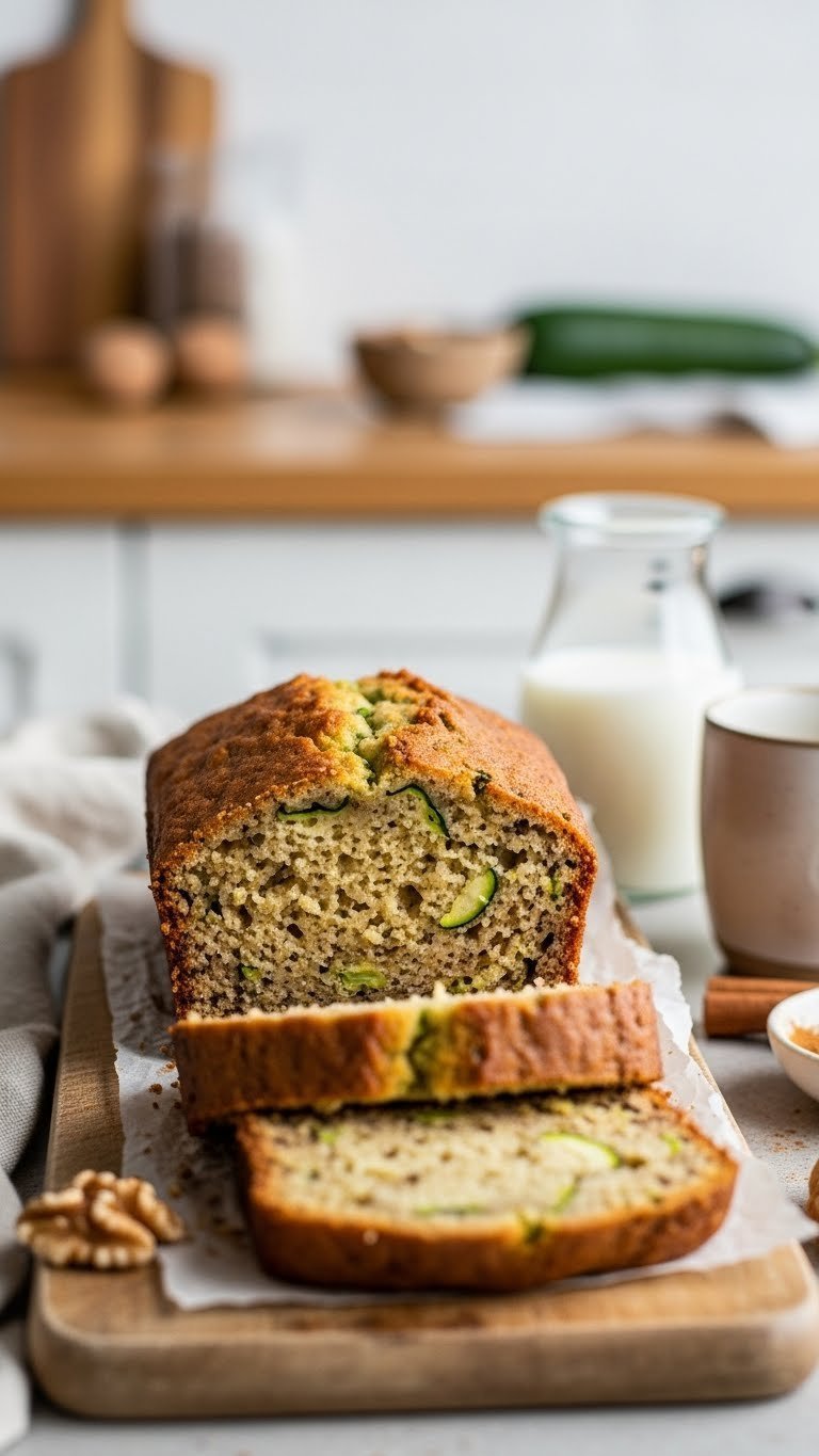 Moist keto zucchini bread slice with golden-brown crust and green flecks on rustic cutting board with walnuts and almond milk