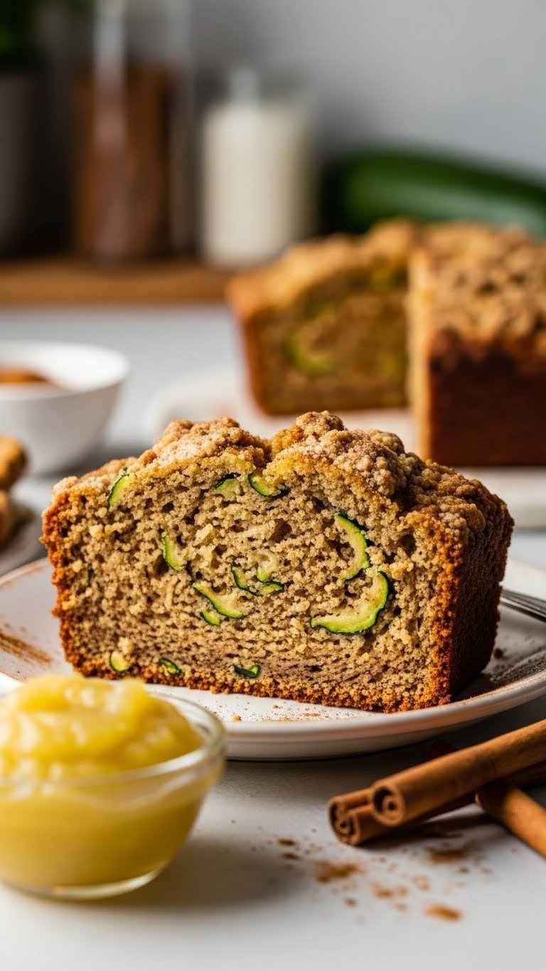 Moist zucchini bread slice with applesauce on vintage ceramic plate showing green zucchini strands in crumb.