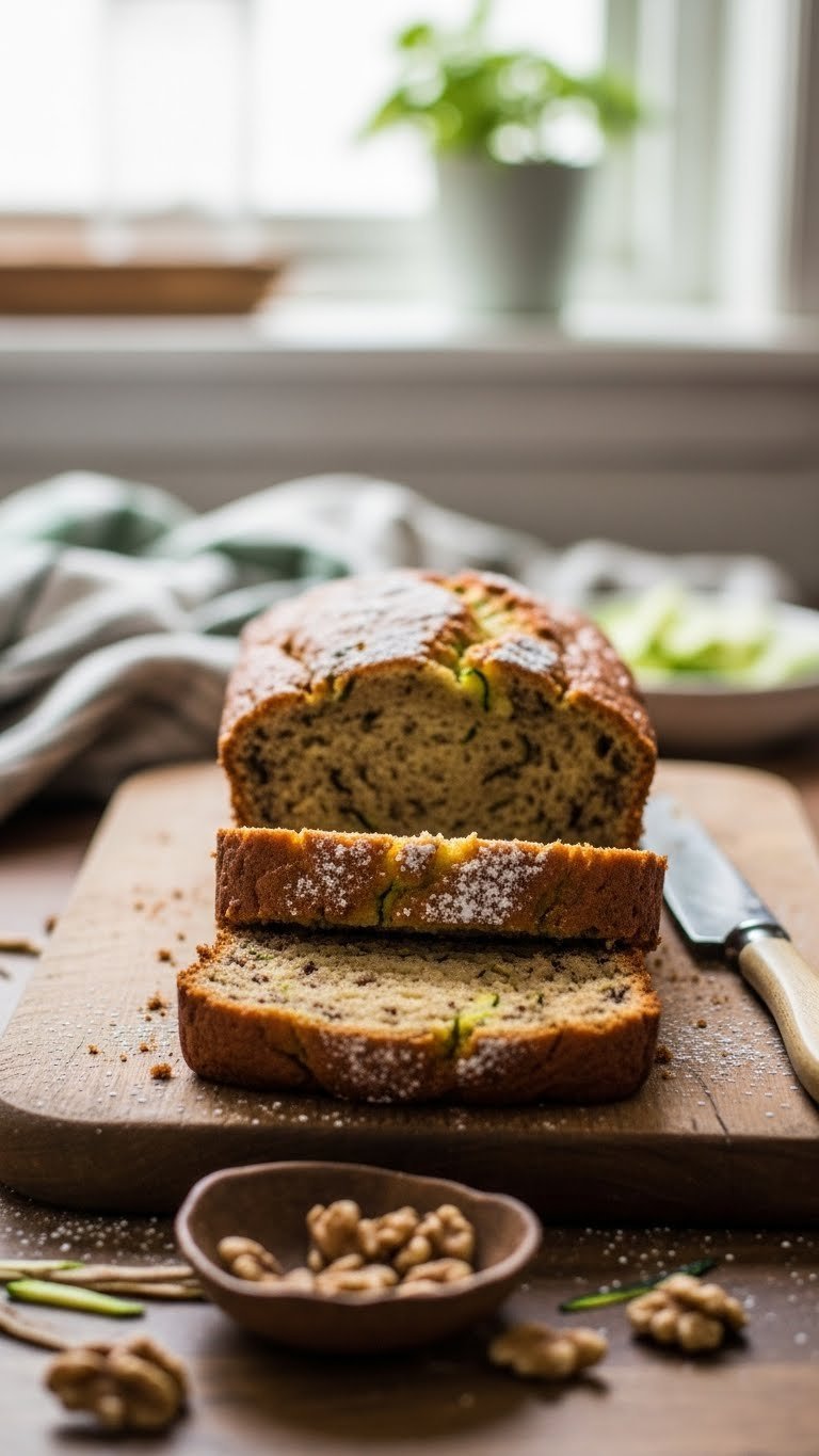 Moist zucchini bread slice with visible zucchini shreds and golden brown crust on rustic wooden cutting board with soft bokeh background.