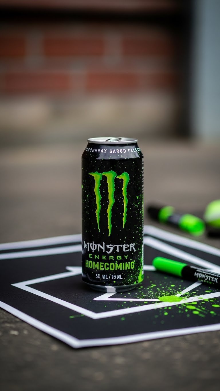Monster Energy drink can with distressed textures on black poster board with industrial aesthetic