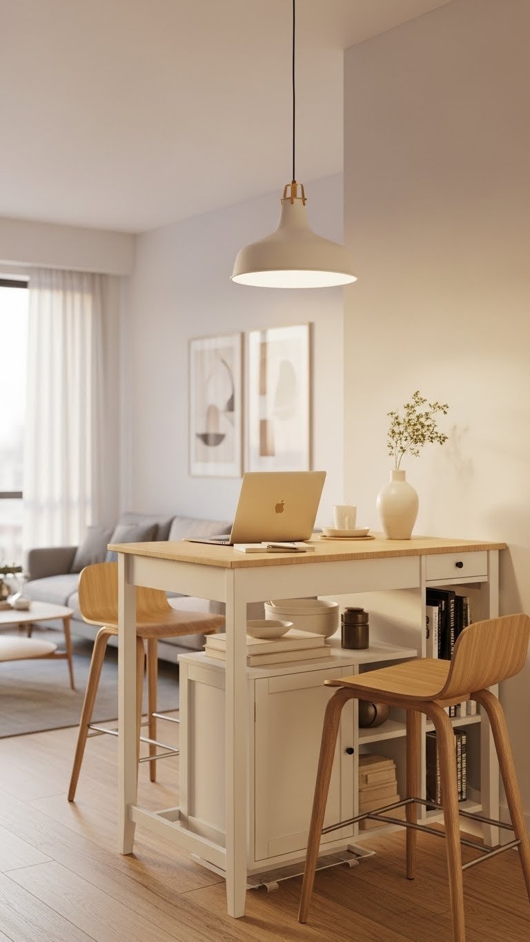 9 Genius Minimalist Apartment Kitchen Ideas: Small Space Hacks 11 Multi-functional kitchen island doubling as dining table with smart storage solutions in open-plan studio apartment