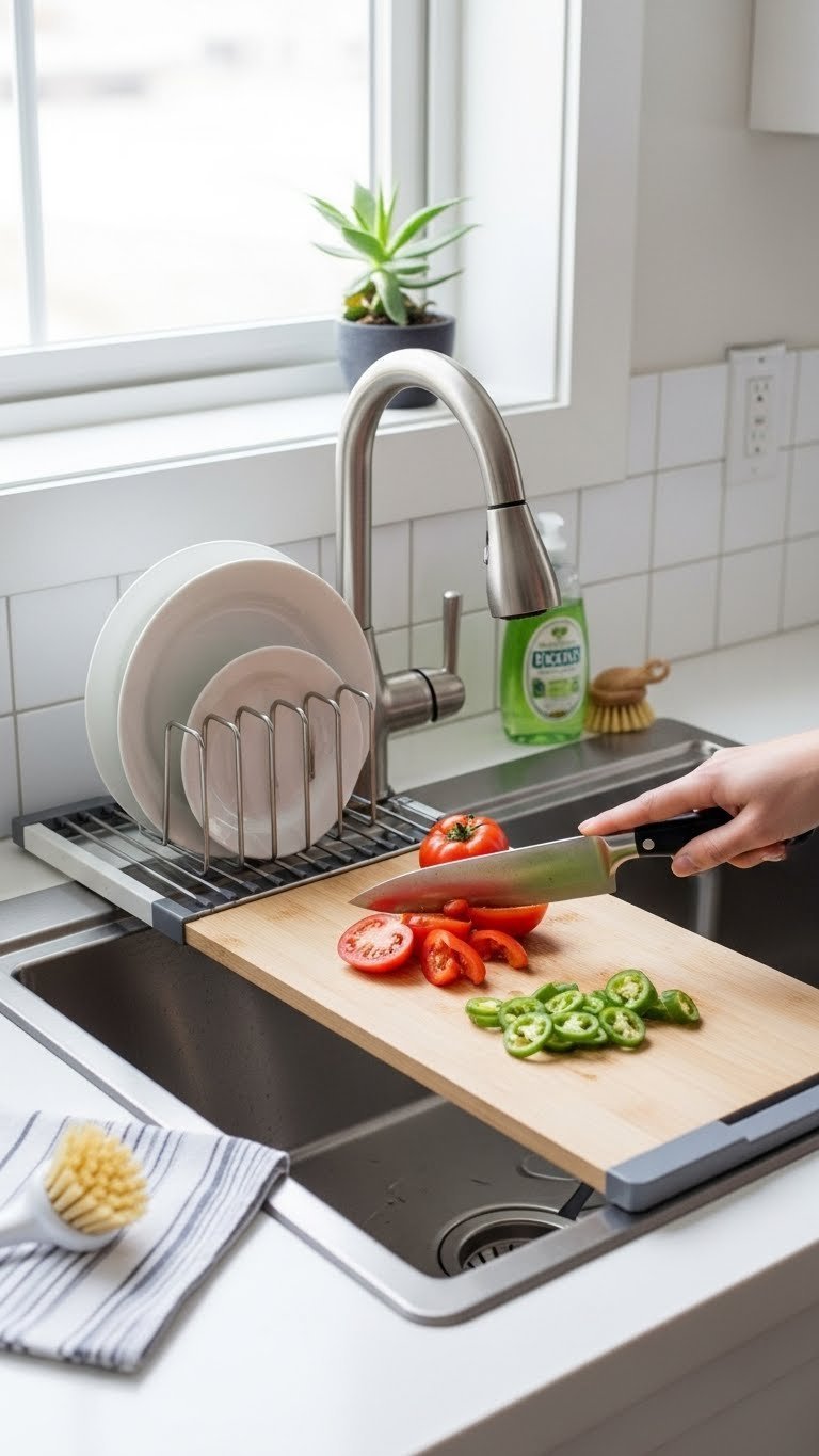 Multi-functional over-the-sink drying rack and cutting board maximizing space above stainless steel sink