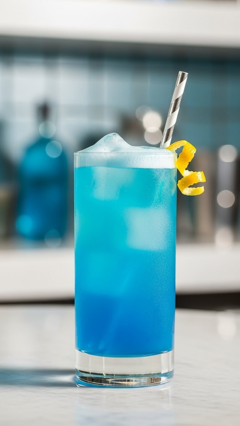 Multi-layered blue and white Kamehameha Cooler cocktail with wave effect in highball glass on reflective surface