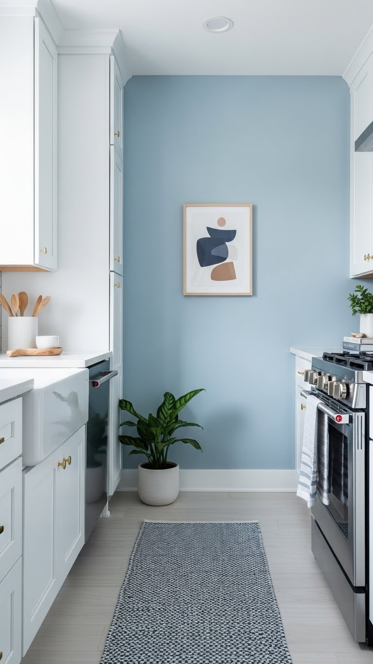 Narrow galley kitchen painted with light cool tones and darker accent wall creating illusion of reduced length