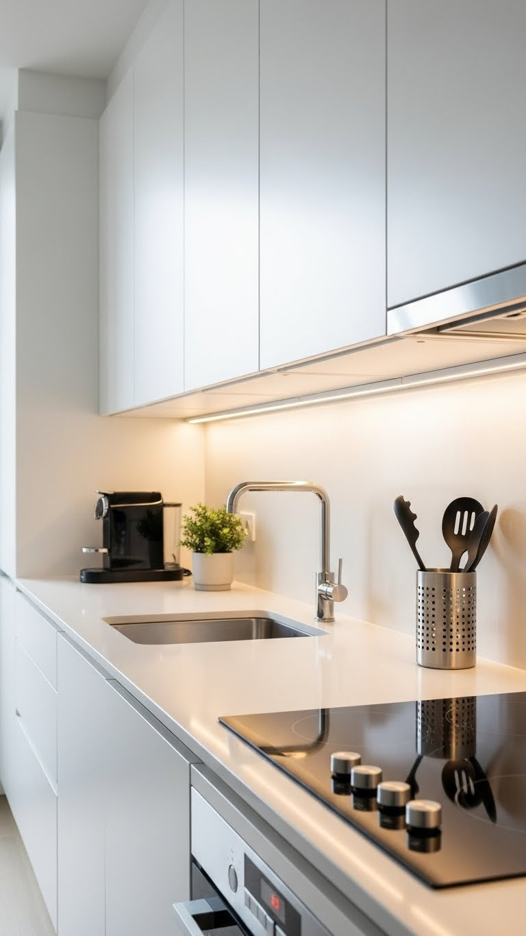 Narrow kitchen illuminated by under-cabinet strip lighting and recessed ceiling lights highlighting pristine countertops