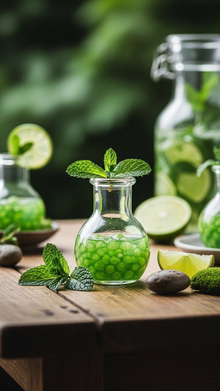 Natural Namekian green Senzu Bean Elixir mocktail in antique bottle with edible bean garnish on rustic wooden table