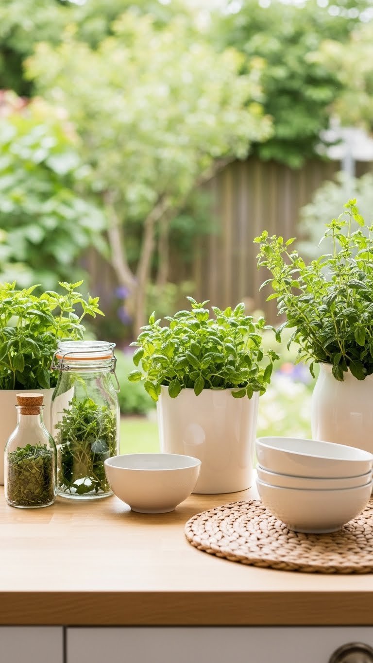 Natural chic greenery kitchen dominated by lush plants, light wood tones, and minimalist surfaces with serene daylight